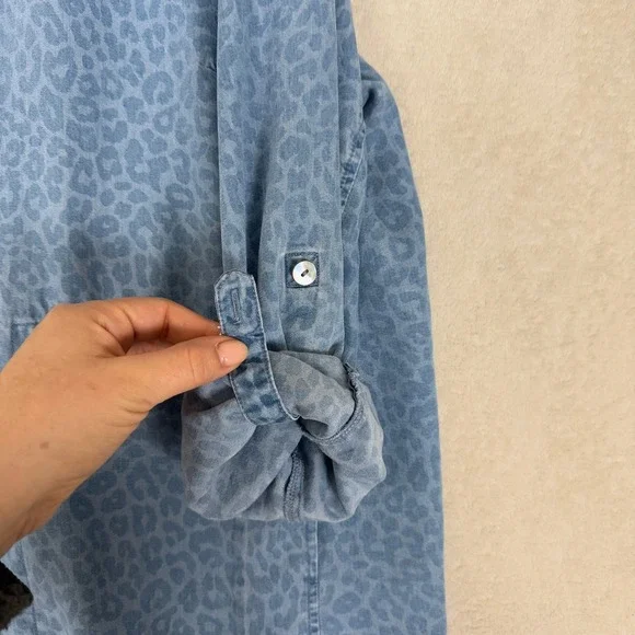 Soft SurroundingsWomens XL Cheetah Print Denim Shirt Button Down Roll Tab Sleeve - Picture 6 of 9